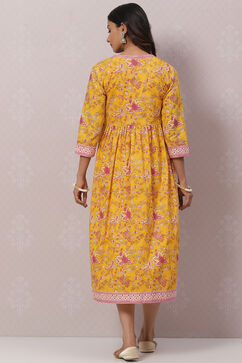Mustard Cotton Flared Printed Kurta Dress With Shrug image number 4