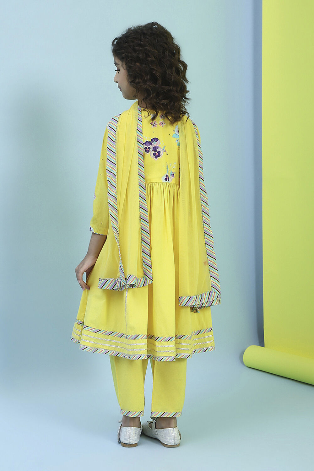 Yellow Cotton Embroidered Gathered Suit Set image number 4