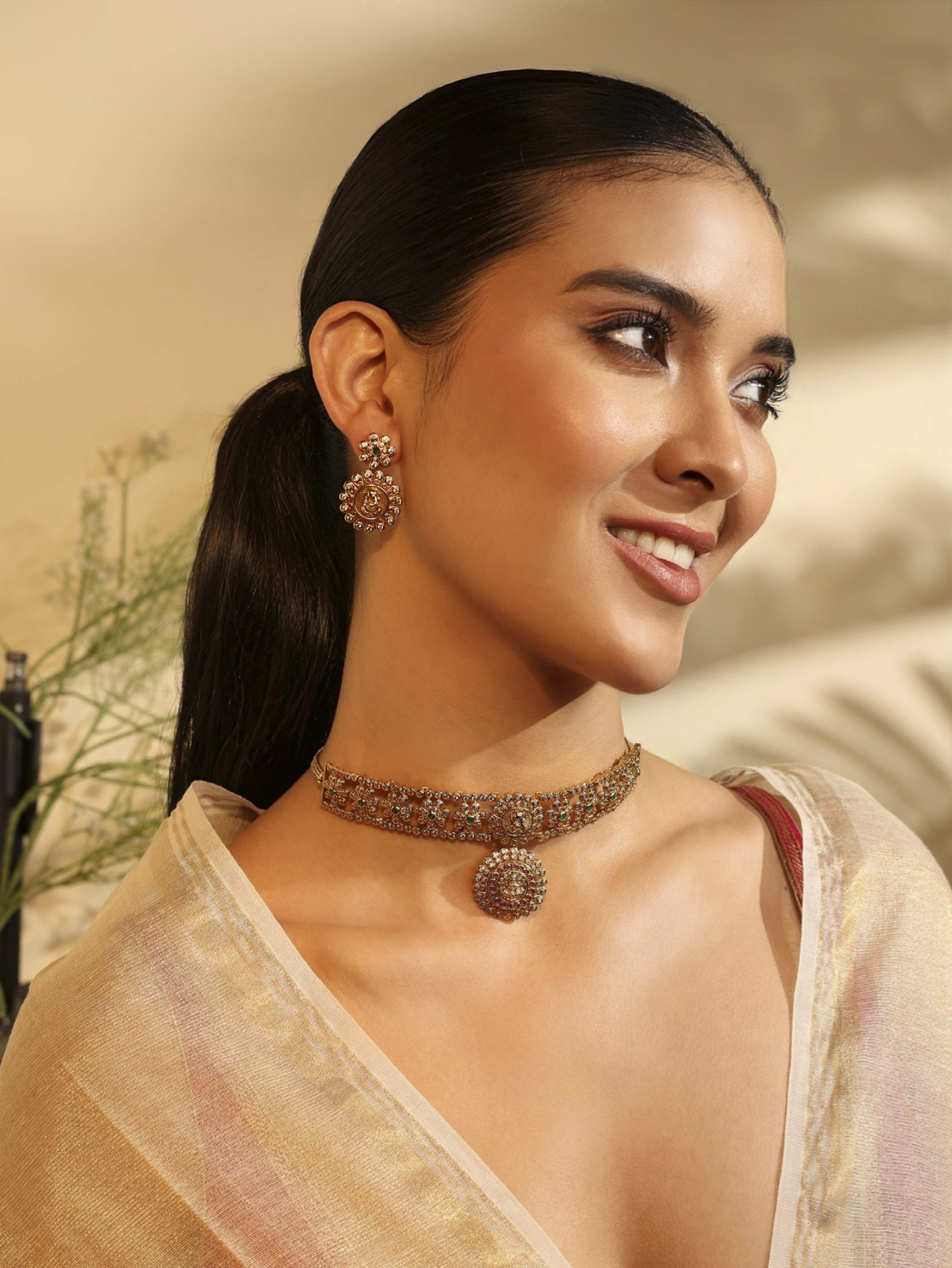 Gold Plated Brass Choker Necklace Set image number 1