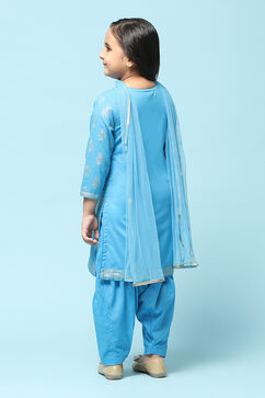 Blue Cotton Straight Printed Kurta Patiala Salwar Suit Set image number 5