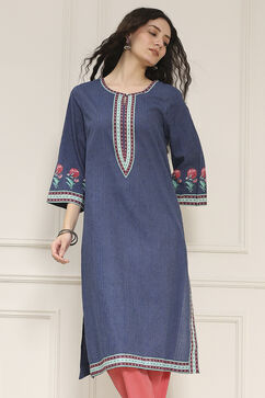 Indigo Blue Cotton Printed Straight Kurta image number 6