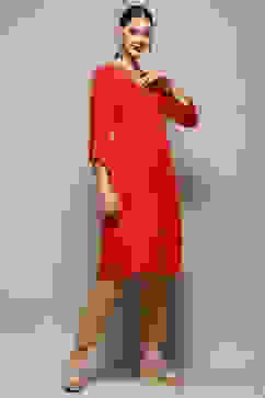 Red Foil Printed Gathered A-Line Kurta image number 5