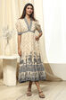 Off-White and Black Cotton Printed Tiered Dress image number 5