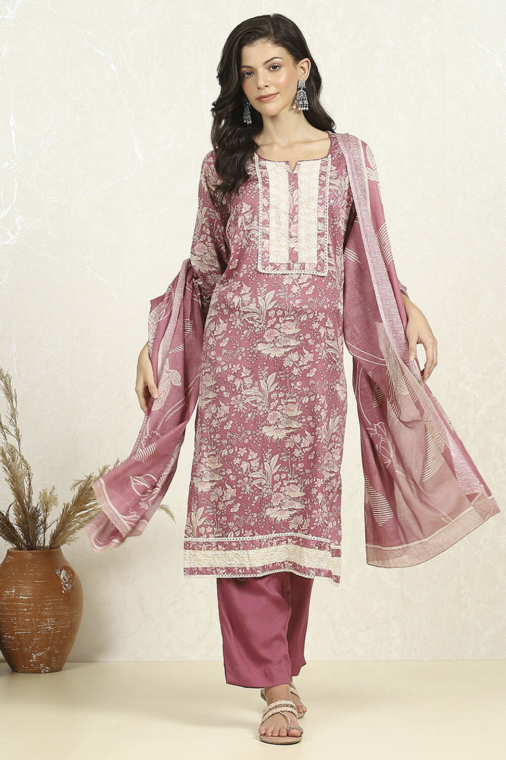 Purple Cotton Floral Printed Unstitched Suit Set image number 1