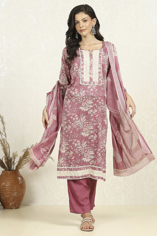 Purple Cotton Floral Printed Unstitched Suit Set image number 1