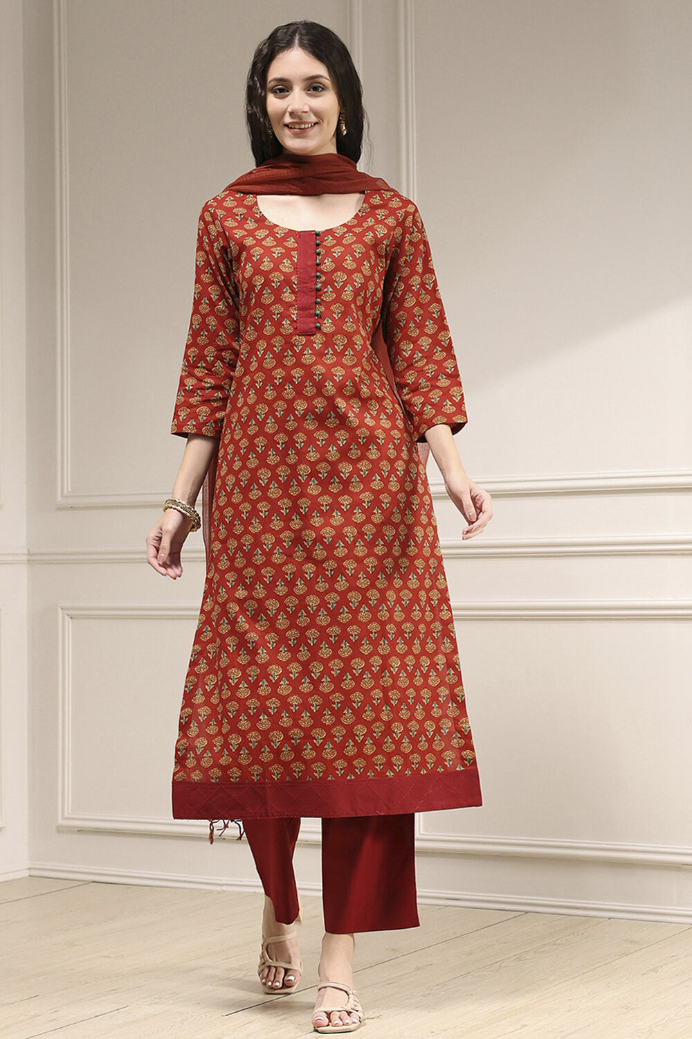 Blue Cotton Screen Print Unstitched Suit Set image number 1