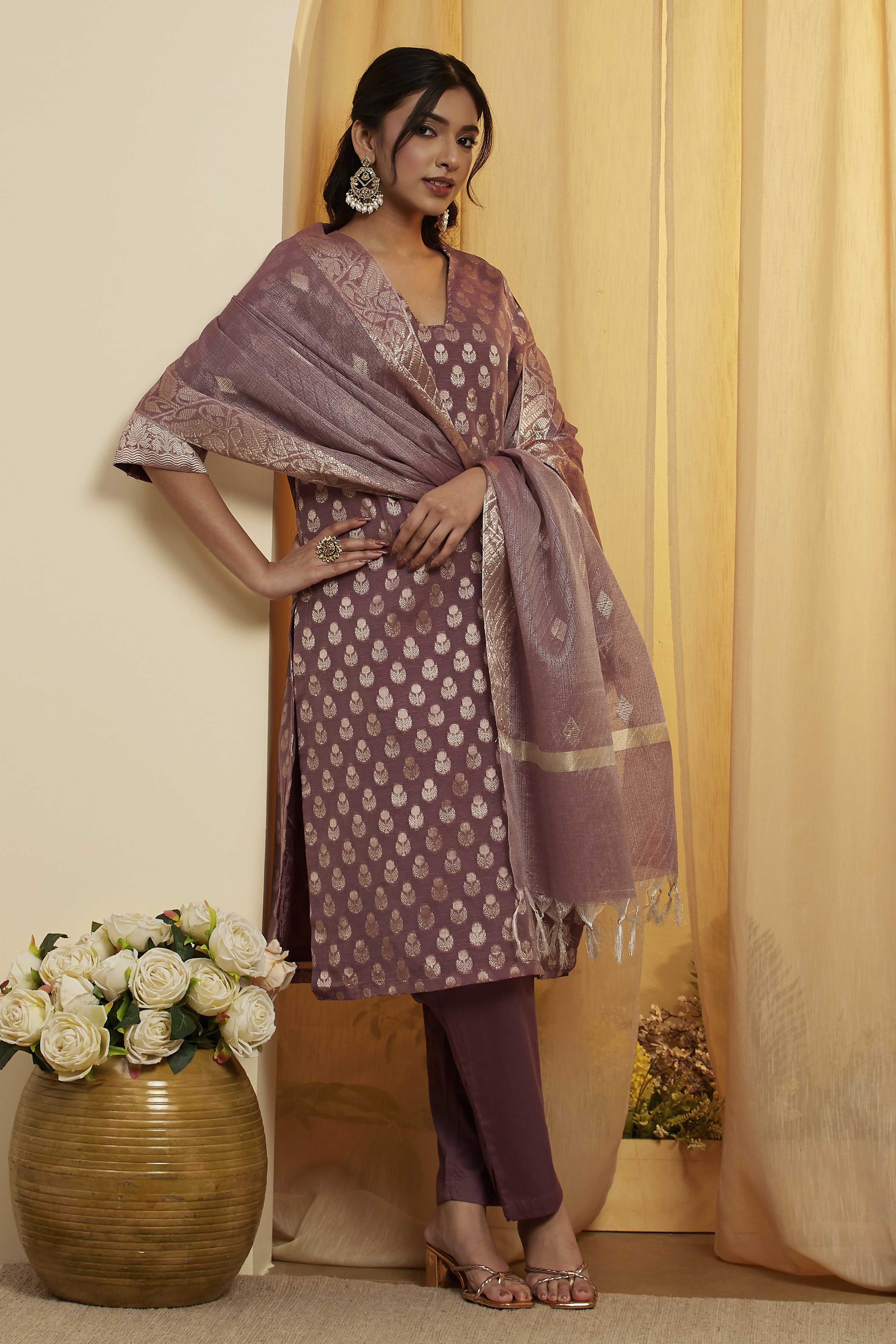 Grey Polyester Straight Suit Set image number 0