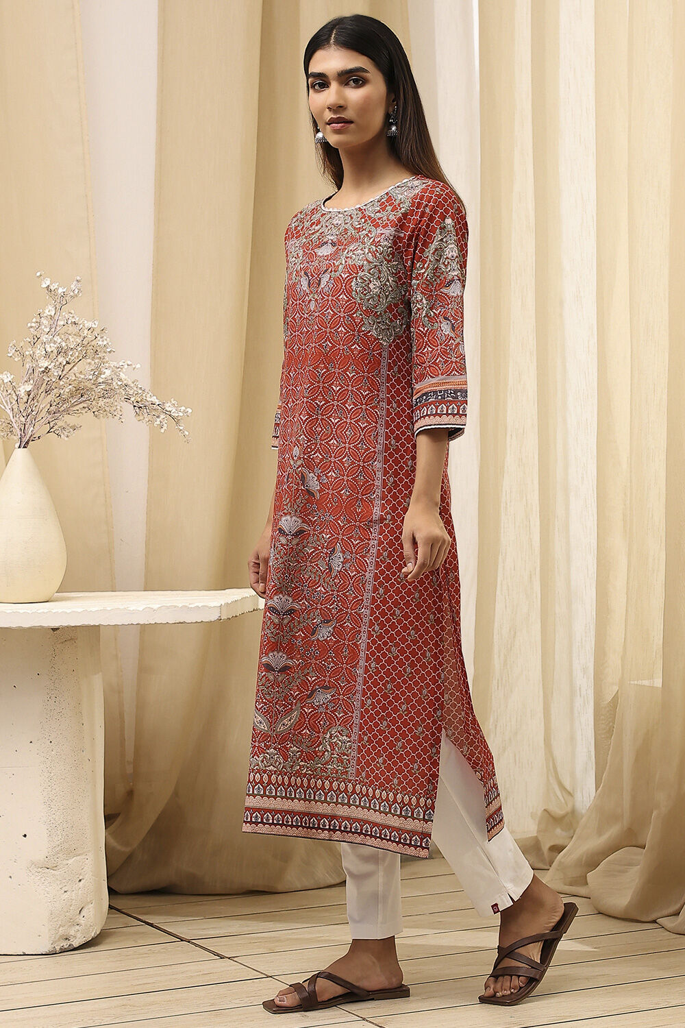 Green Cotton Printed Straight Kurta image number 2