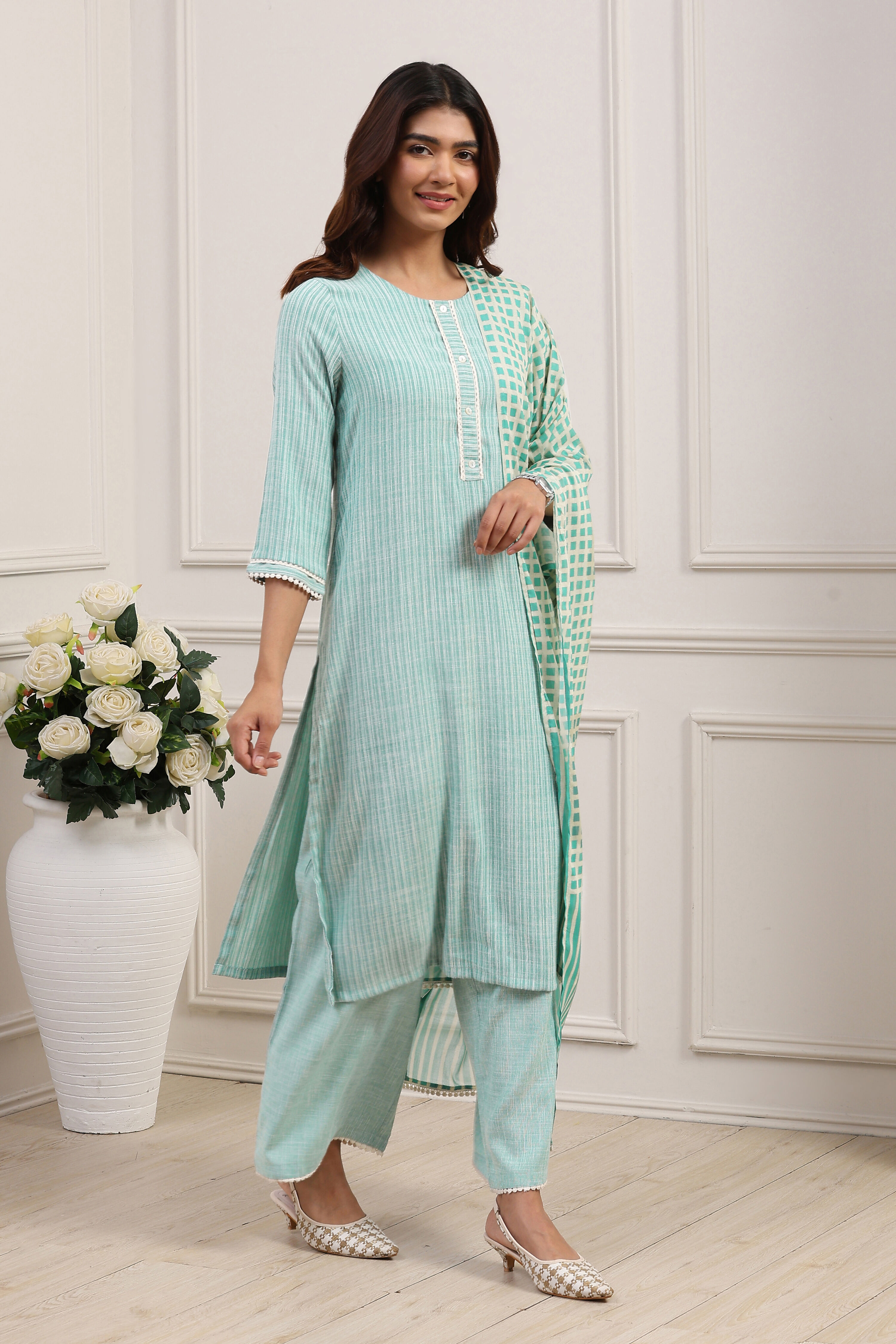 Turquoise Polyester Yarndyed Straight Suit Set image number 5