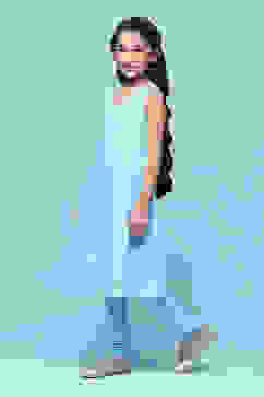 Powder Blue Polyester Straight Printed Suit Set image number 5