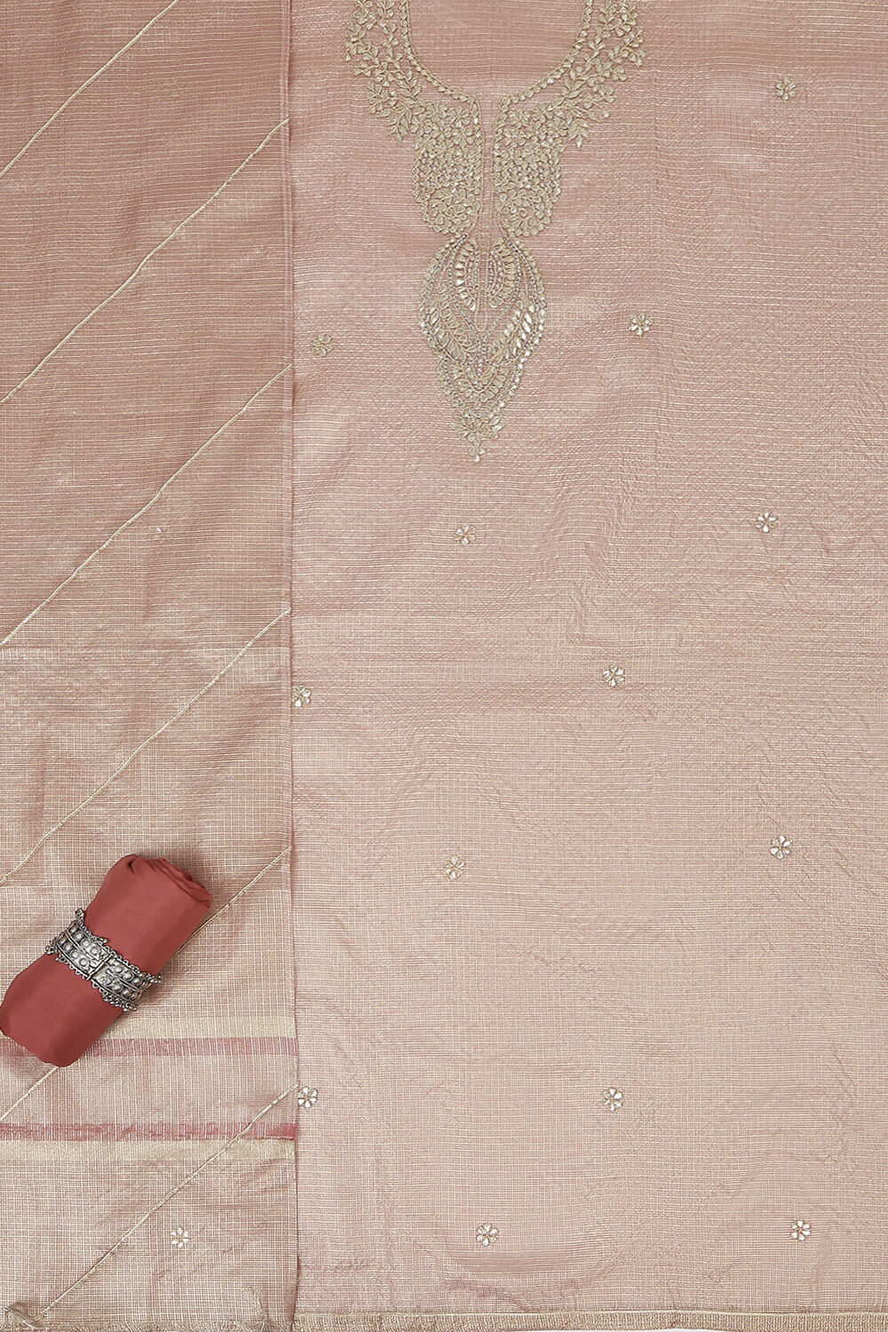 Peach-Toned Tissue Embroidered Unstitched Suit Set image number 1