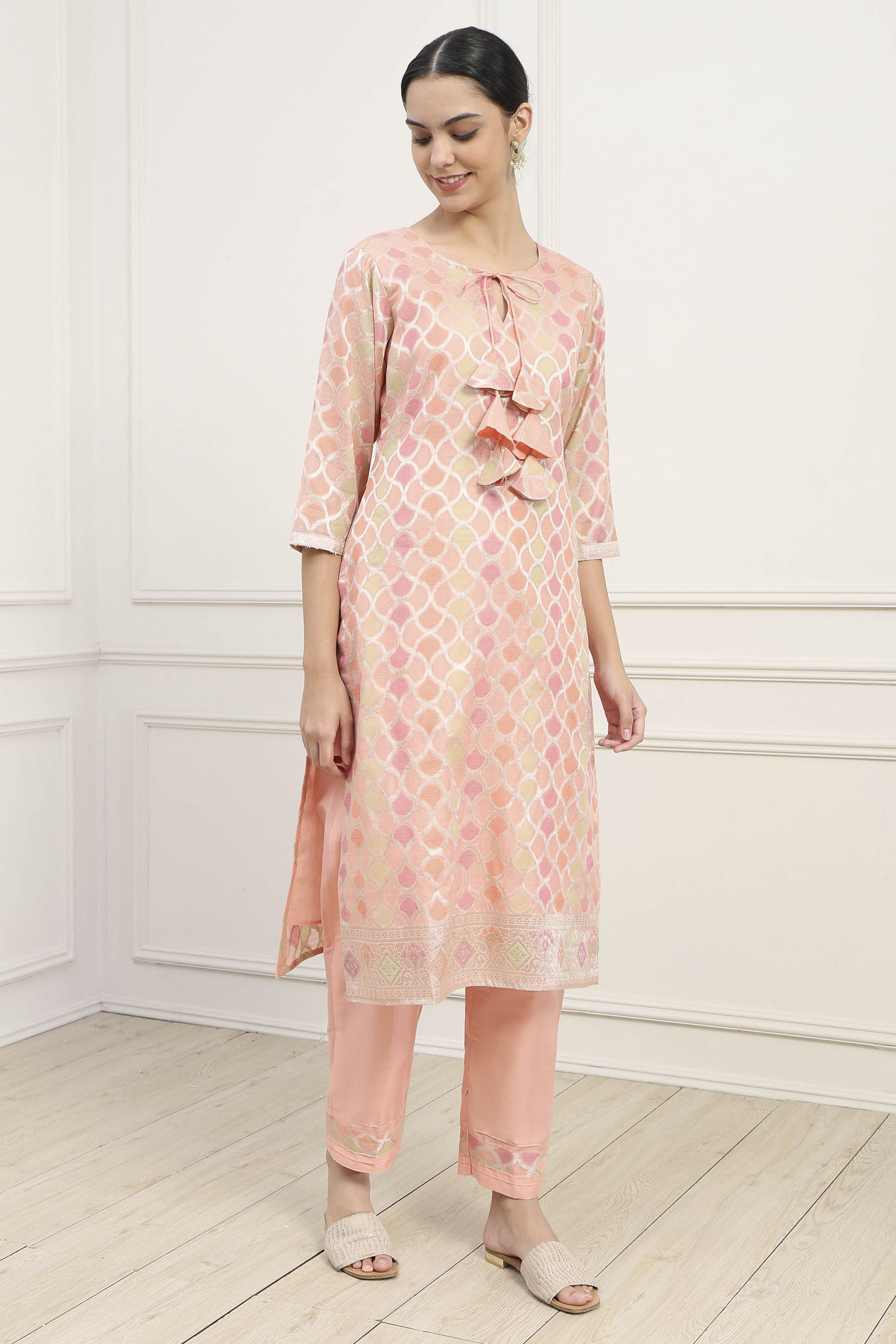 Peach Chanderi Blend Banarasi Unstitched Suit Set image number 6