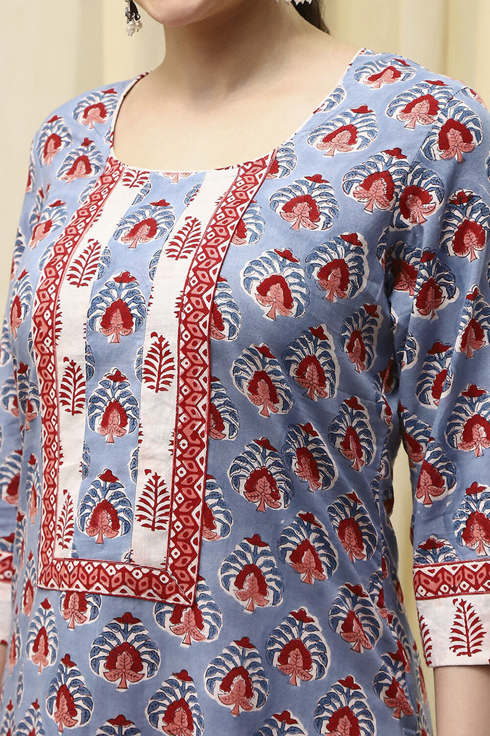 Slate Blue Cotton Hand Block Print Unstitched Suit Set image number 2