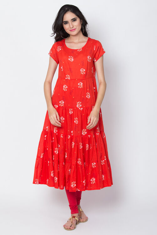 Red Cotton Flared Printed Kurta image number 2