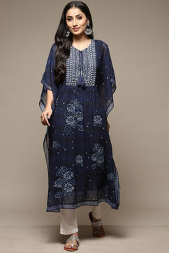 Indigo Cotton Blend Straight Printed Kurta image number 3