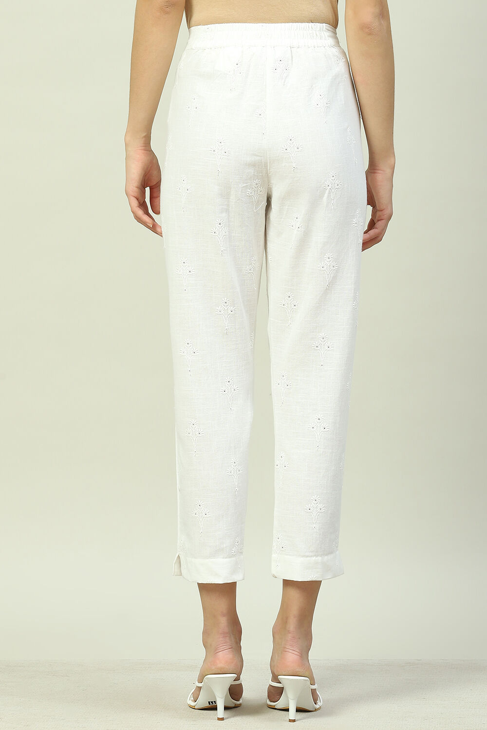 Off White Cotton Embroidered Pants image number 4