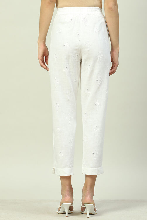 Off White Cotton Embroidered Pants image number 4