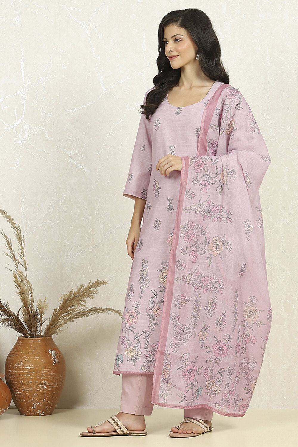 Sea Green Linen Unstitched Suit Set image number 4