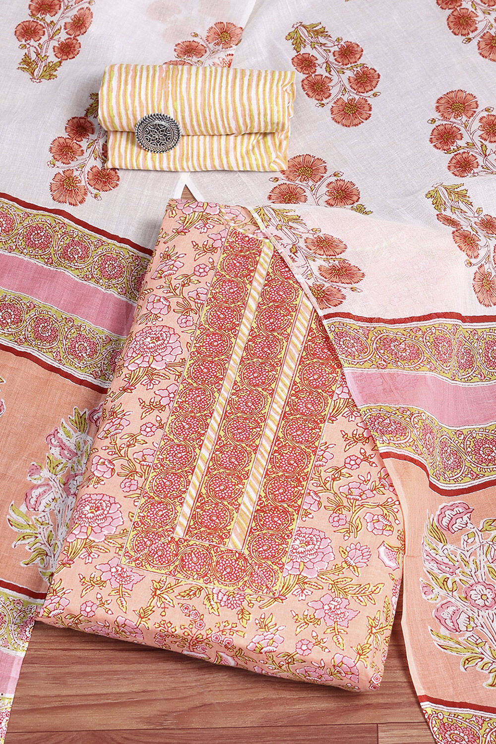 Pink Cotton Screen Print Unstitched Suit Set image number 0