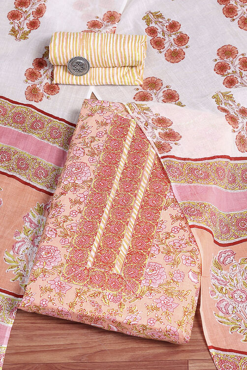 Green Cotton Screen Print Unstitched Suit Set image number 0