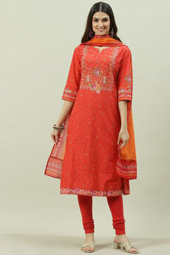 Red Printed Cotton Kalidar Kurta Legging Suit Set image number 7