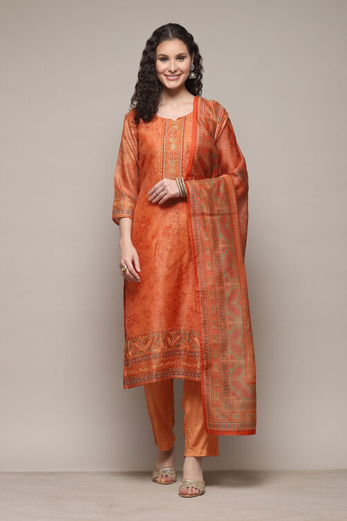 Peach Chanderi Unstitched Suit Set image number 7