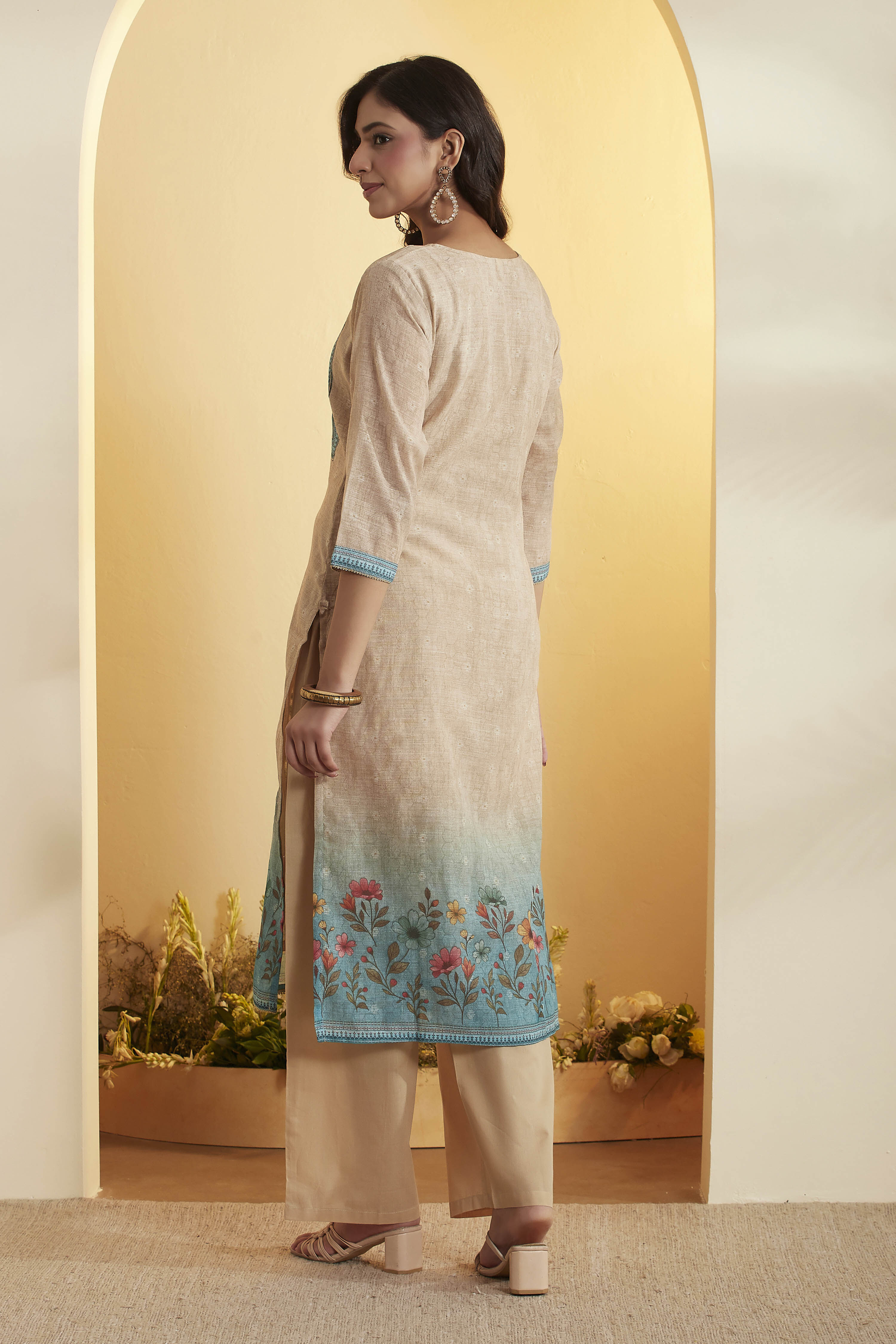 Blue Poly Linen Straight Suit Set image number 5