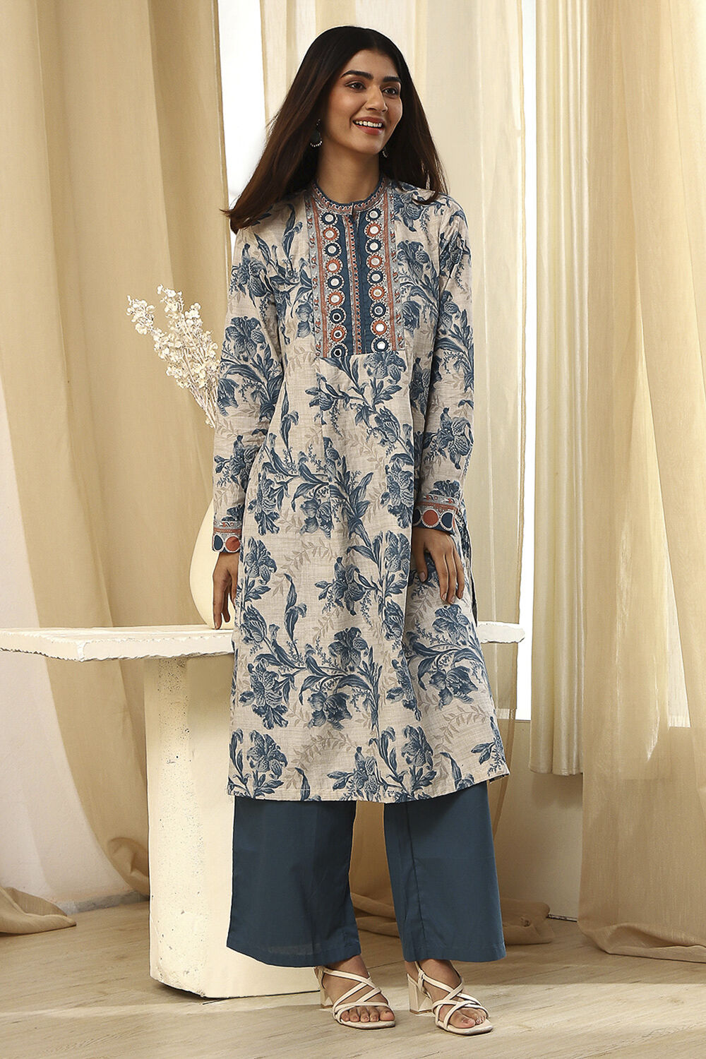 Beige and Teal Pure Cotton Straight Kurta Set image number 0