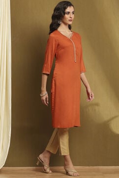 Burnt Orange Solid Regular Fit Straight Kurta image number 4