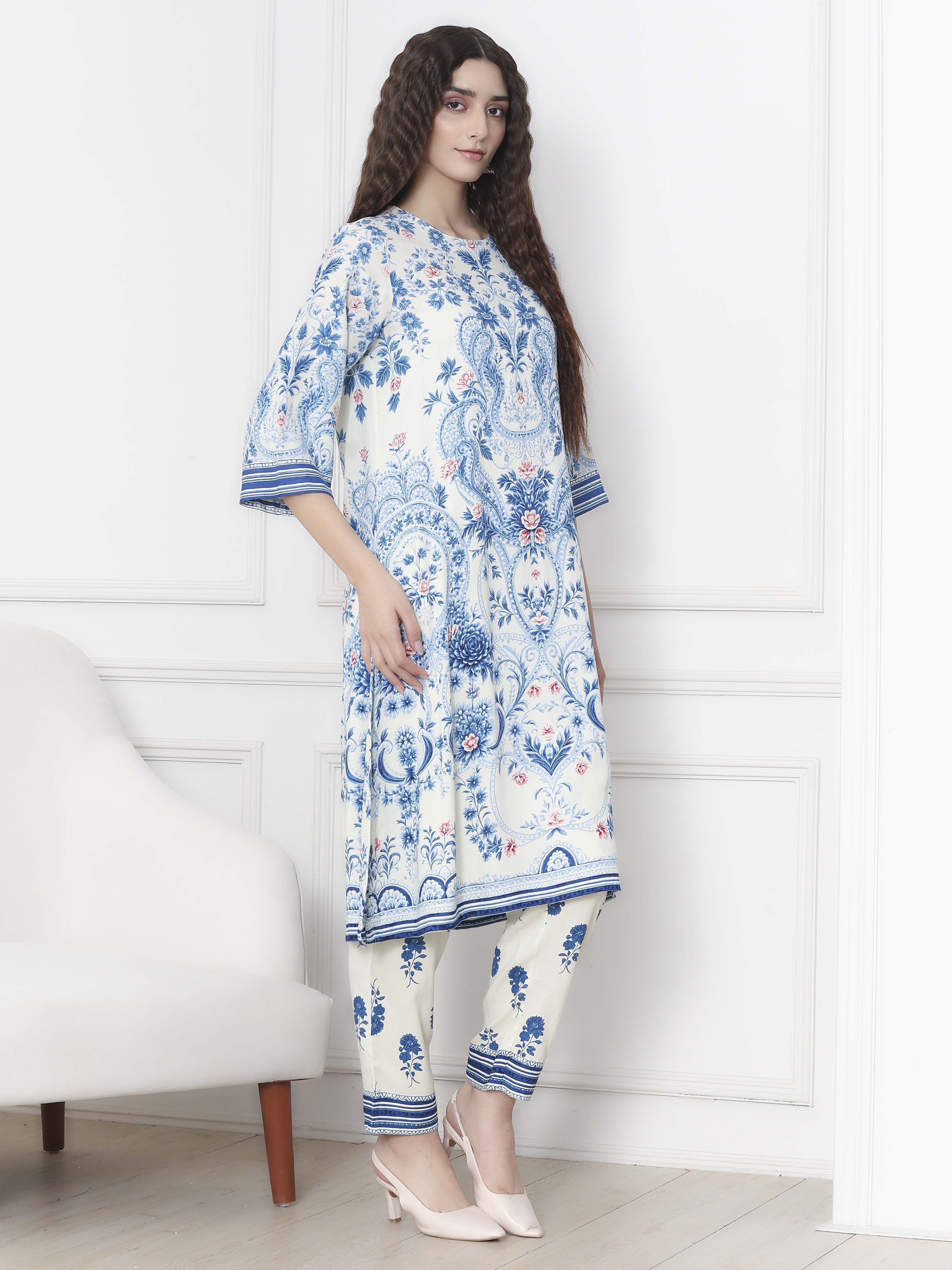 Pink and White Printed Straight Suit Set image number 5