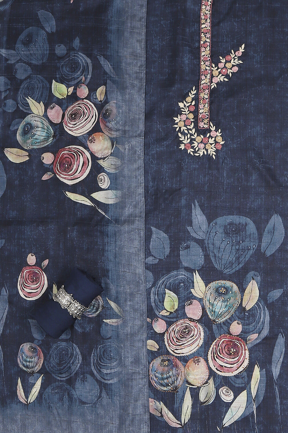 Navy Blue Silk Blend Printed Embroidered Unstitched Suit Set image number 1