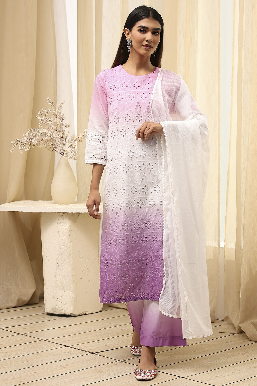 Pink Cotton Schiffli Straight Suit Set image number 6