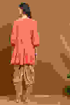 Peach-Toned and Beige Embroidered Peplum Kurta Set image number 4