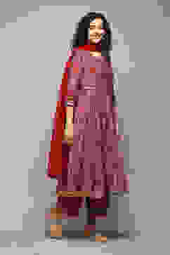 Red Poly Viscose Anarkali Kurta Palazzo Suit Set image number 6