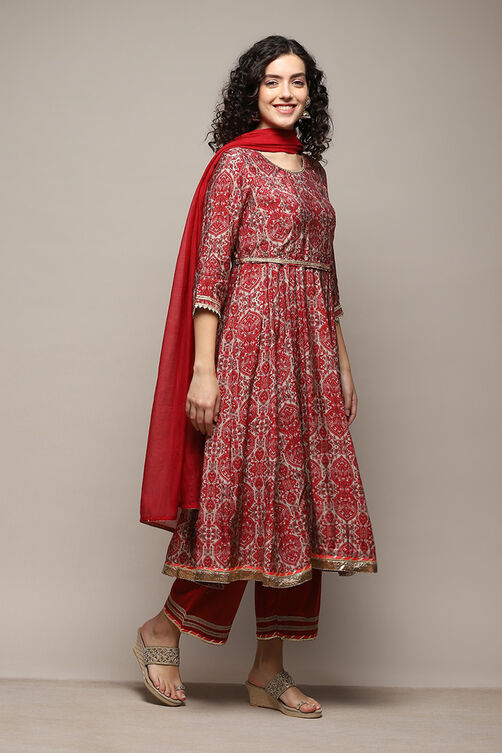 Red Poly Viscose Anarkali Kurta Palazzo Suit Set image number 6