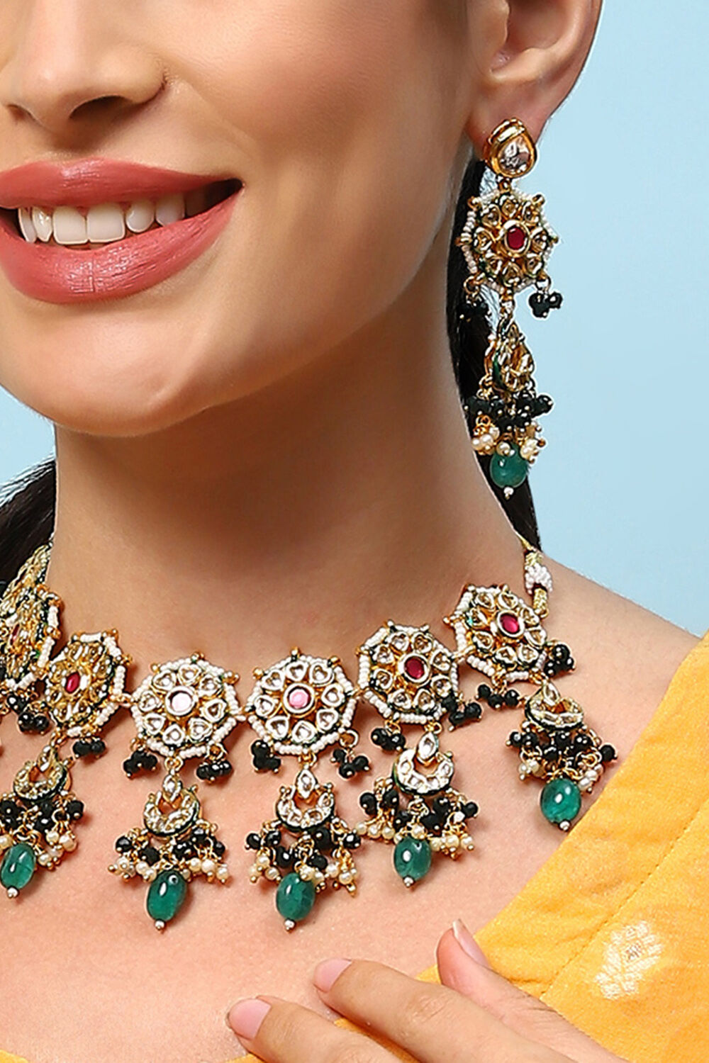 Green & Red Brass Necklace Set image number 1