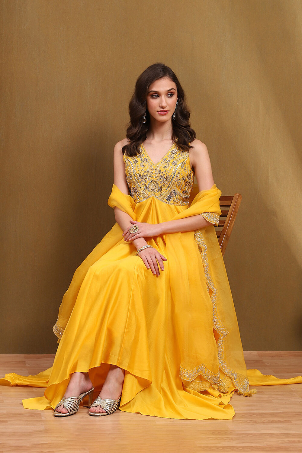 Beige Silk Chanderi Embroidered Asymmetric Suit Set image number 0