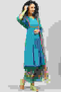 Turquoise Blue Art Silk Gathered Kurta Palazzo Suit Set image number 3