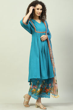 Turquoise Blue Art Silk Gathered Kurta Palazzo Suit Set image number 6