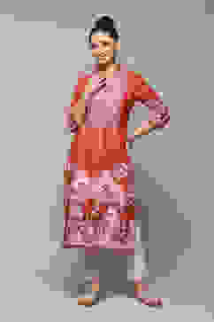 Red Cotton A-Line Printed Kurta image number 5