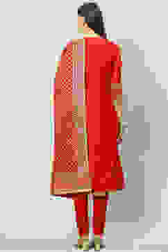 Red Art Silk Layered Kurta Churidar Suit Set image number 4