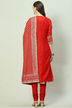 Red Art Silk Layered Kurta Churidar Suit Set image number 4