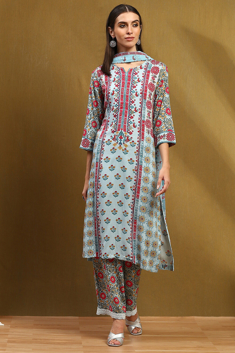 Turquoise Floral Printed Straight Suit Set image number 6