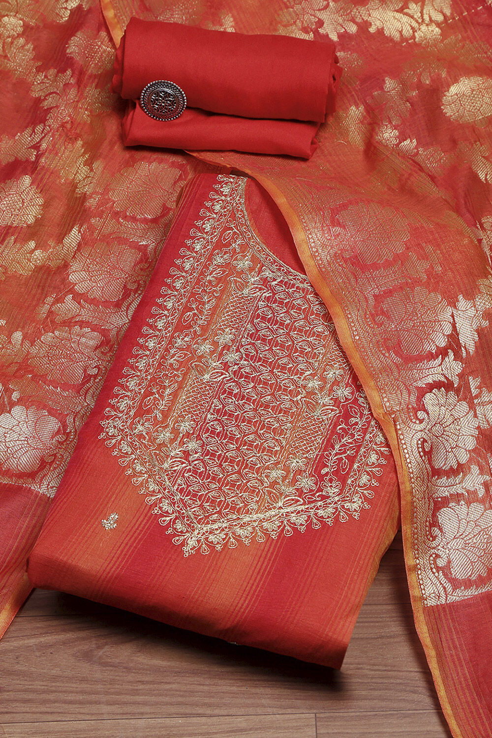 Red Chanderi Machine Embroidered Unstitched Suit Set image number 0