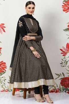 Rohit Bal Black Cotton Silk Anarkali Yarndyed Suit Set image number 8