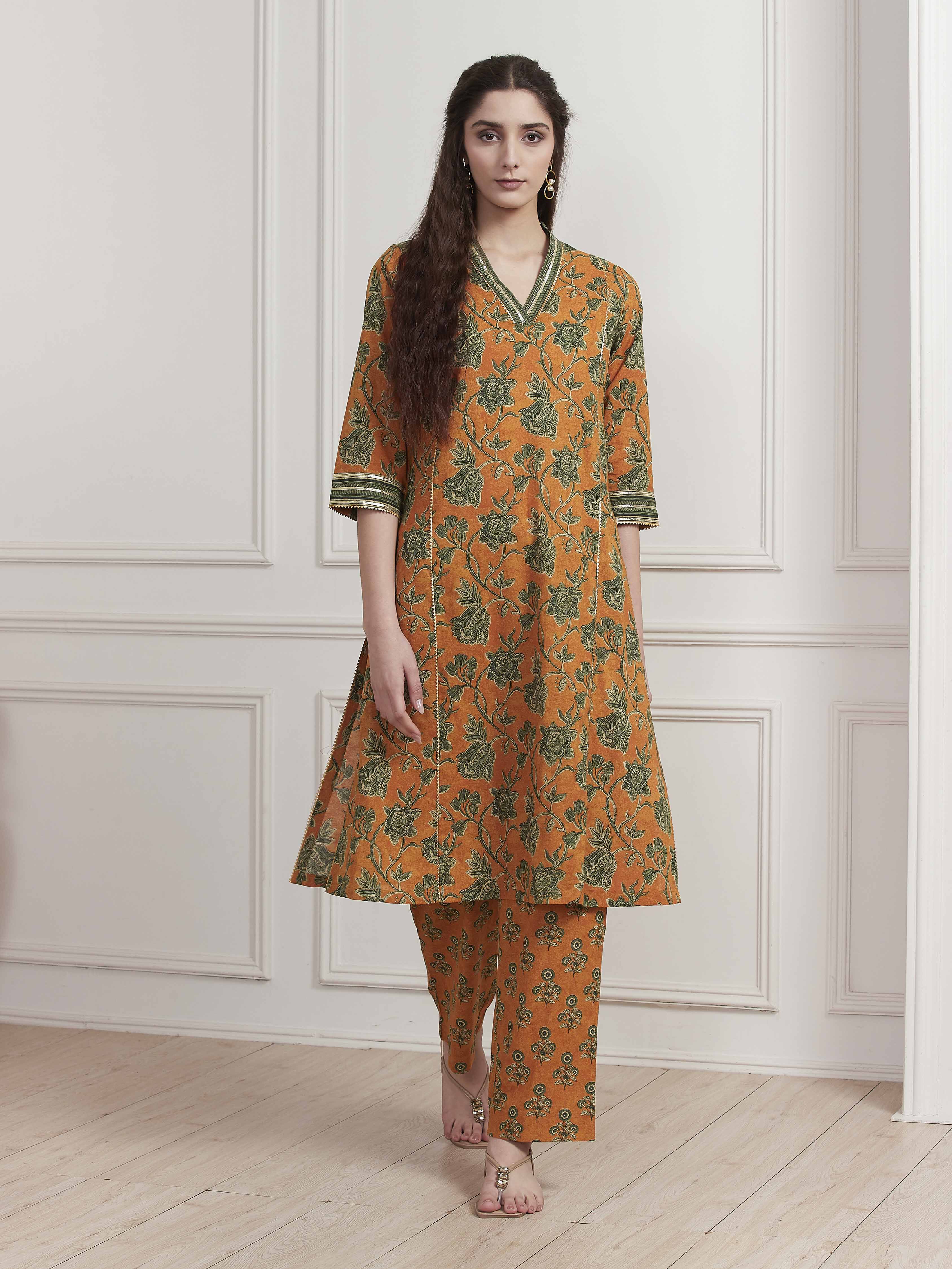 Mustard Yellow Cotton Printed Kurta Set image number 6