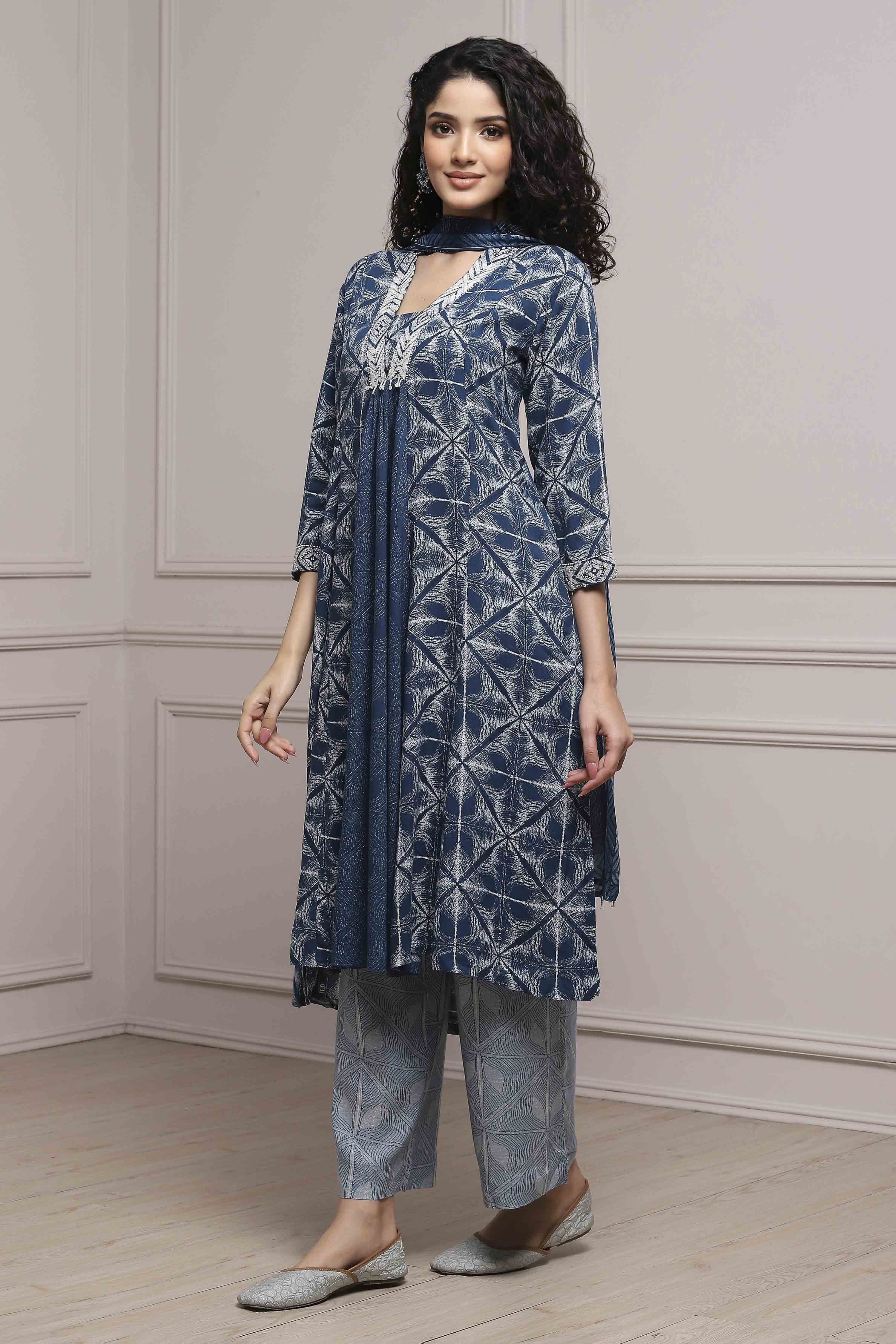 Teal Viscose Rayon A-Line Suit Set image number 3