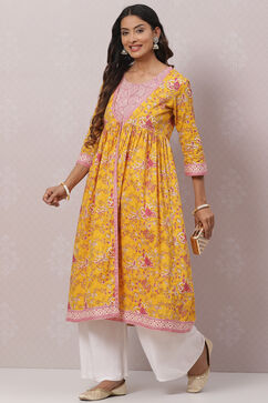 Mustard Cotton Flared Printed Kurta Dress With Shrug image number 7