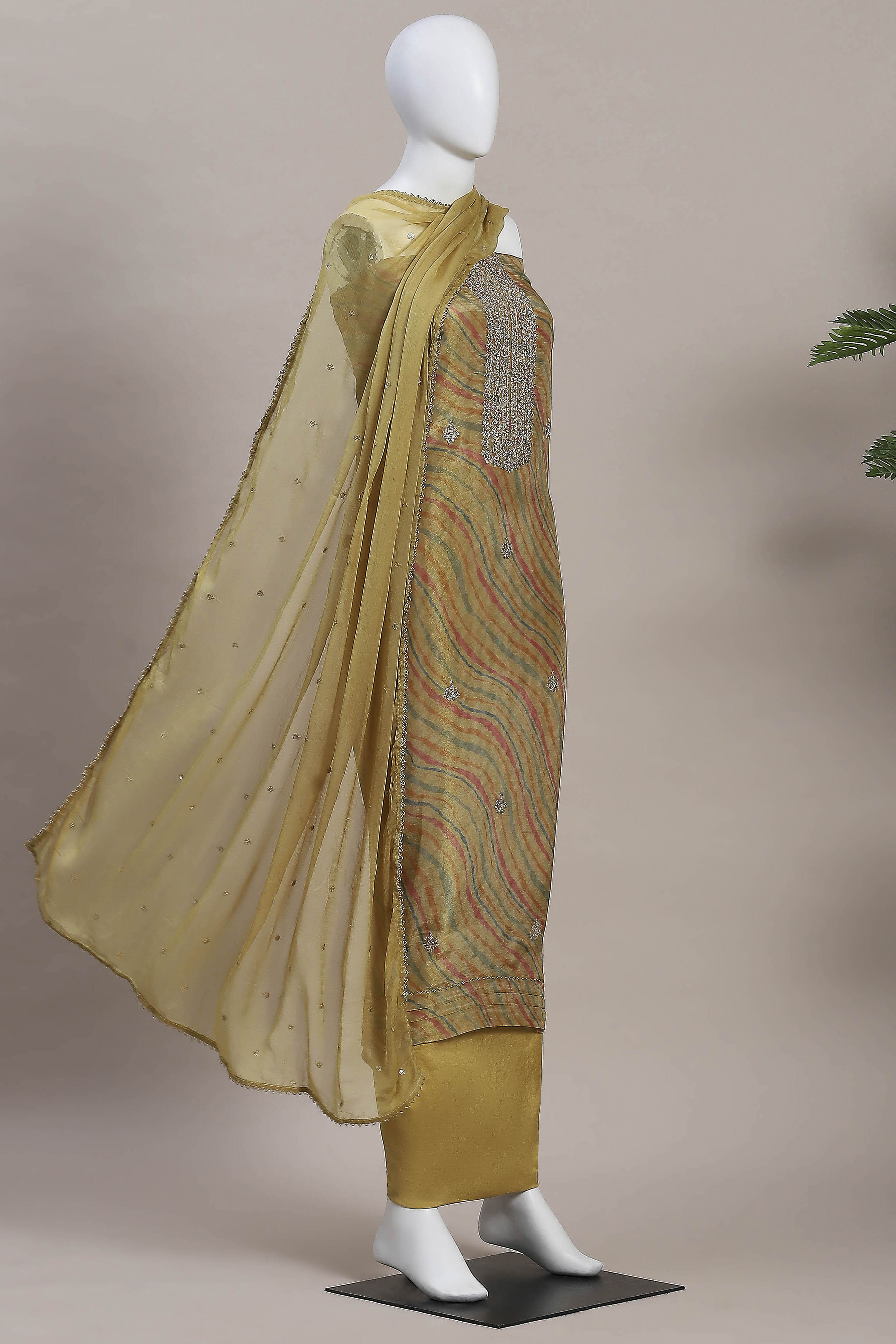 Olive Cotton Printed Embroidered Unstitched Suit Set image number 4