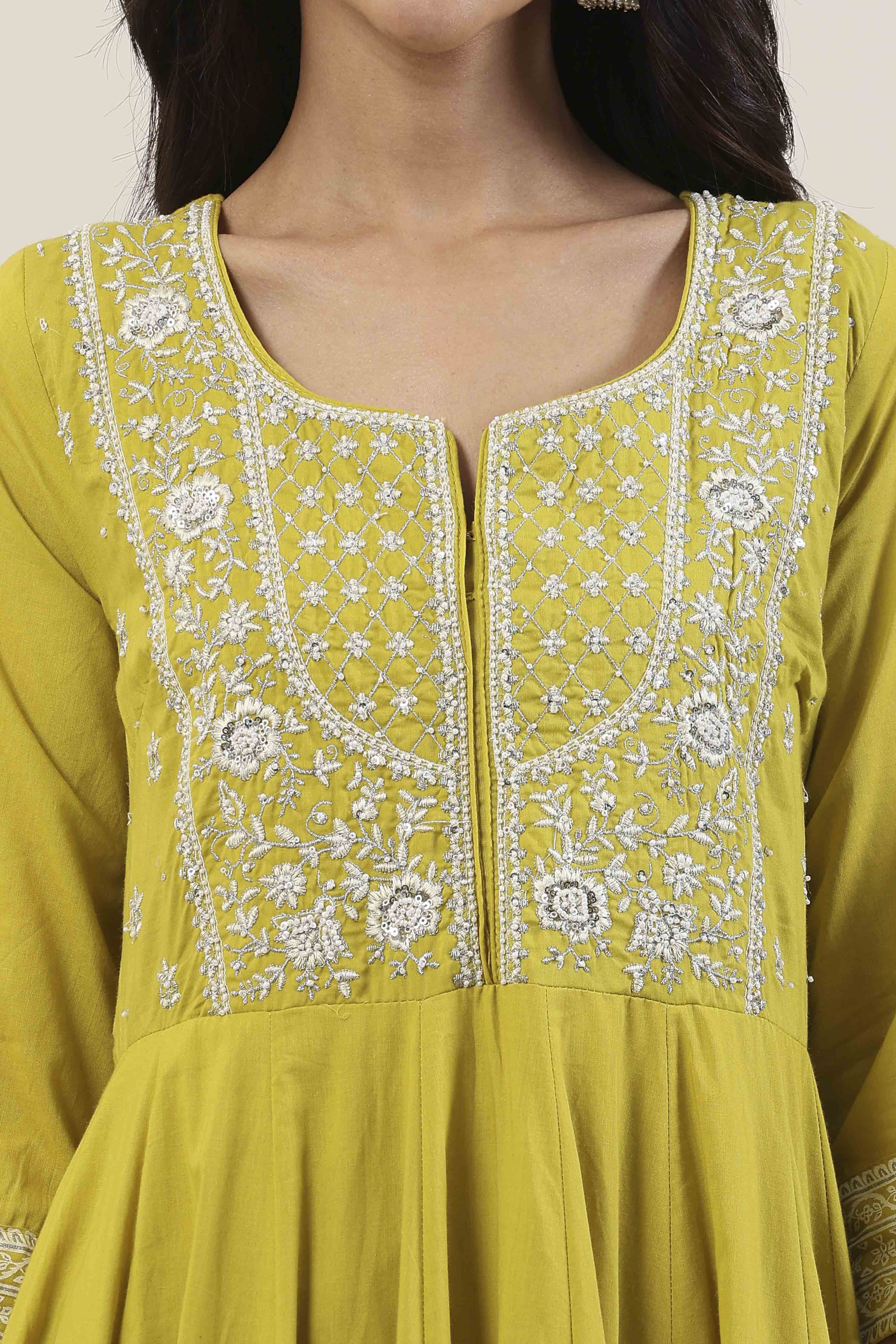 Green Cotton Kalidar Suit Set image number 1